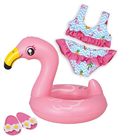 Heless 99 - Schwimm-Set für Puppen, 3 teilig, Flamingo Ella, Bikini, Flip Flops und Schwimmring, Größe 35 - 45 cm, für Badespaß an heißen Sommertagen