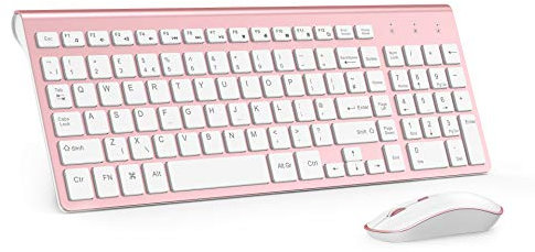 Wireless Keyboard and Mouse Set, JOYACCESS 2.4G USB Compact Full Size Keyboard and Ergonomic Mouse (QWERTY UK Layout), for Windows, Laptop, PC Computer, Smart TV -Pink