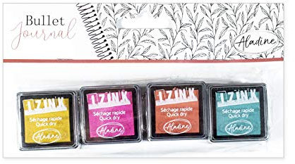 Aladine - Encreurs Pastel Bullet Journal - Kit de 4 Mini Encreurs Couleur pour Tampons - Scrapbooking et DIY - Personnalisez vos Agendas et Carnets - 4 couleurs - Jaune + Rose + Orange + Bleu, 1 unité (Lot de 1)