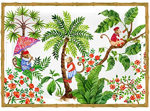 Les Jardins de la Comtesse - Gran Bandeja de Servicio de Melamina Pura - Monos de Bali - 50 cm - Coral Rojo y Verde - Bandeja Grande con Asas - Colección Vajilla Irrompible MelARTmine