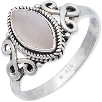 mantraroma Damen Ring 925 Silber Rosenquarz Edelstein rosa ausgefallen verspielt (MRG-183-07-(56))