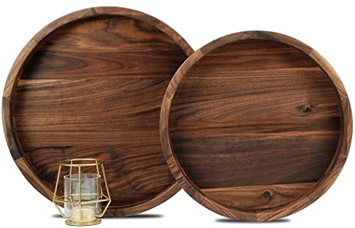MAGIGO Set of 2 Large Round Black Walnut Wood Ottoman Tray with Handles, Serve Tea, Coffee, Classic Wooden Decorative Serving Tray, 12 &14 inches