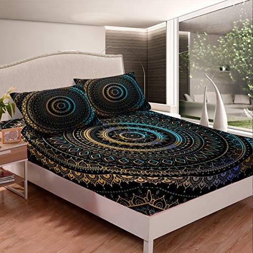 Loussiesd Boho Mandala Spannbettlaken Böhmischer Stil Spannbetttuch 140x200cm Für Kinder Erwachsene Chic Hippie Mandala Bettlaken Set Luxus Exotische Blumen rutschfeste Atmungsaktive 2St