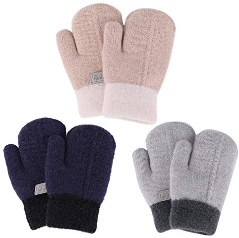 QKURT 3 Paare Kleinkind Stretch-Fäustlinge, Kinderhandschuh Verdickte Strickhandschuhe Winterhandschuhe Warme Handschuhe für 2-5 Jahre Junge Mädchen Draußen
