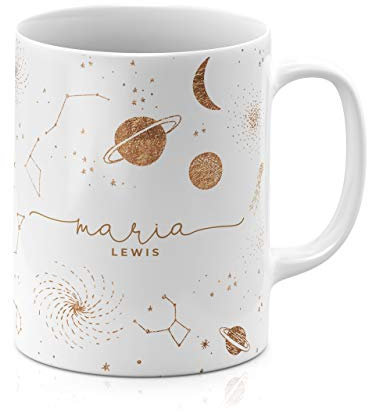 Tirita Personalised Mug Initial with Name, Custom Gift for Mum, Dad, Kids or Girls. [08 - Planets Moon Space] Printed Glitter, NOT Real Glitter