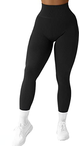 SUUKSESS Women Ribbed Seamless Leggings High Waisted Tummy Control Workout Yoga Pants (Black, M)