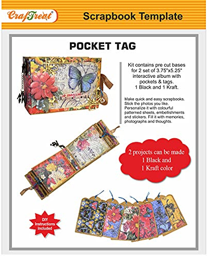 CrafTreat Pocket Tag DIY Scrapbook Blanks – 2 Mini Album Sets (Black & Kraft) with Precut Die Cuts, Chipboard & Tutorials for Tag, Pocket & Memory Keepsake Projects
