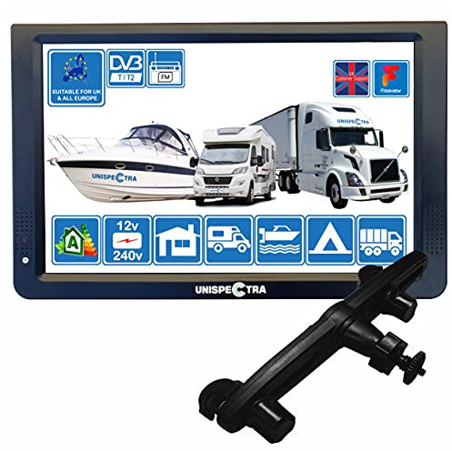 Unispectra CAMPER ROULOTTE BARCA CUCINA 12 Volt 12 Pollici LED Digital HD TV DVB-T2 per TV in chiaro in tutta Europa. PVR USB 12V 240V e lettore multimediale, CCTV HDMI (TV+Supporto Poggiatesta)