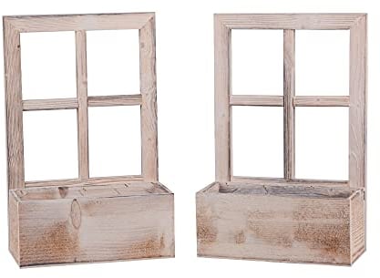 UNUS Deko Fenster aus Holz mit Blumenkasten, Fensterrahmen im Vintage Design, rechteckig (2 Stück, Weiß)