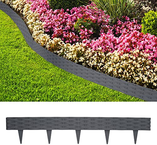 Aufun 10m Bordure de Jardin Plastique avec 10 éléments de 100 cm chacun, Bordure de pelouse Aspect Rattan, Jardin Palisade Parterre (Anthracite)