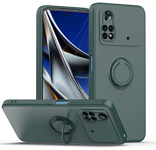 XINYEXIN Coque Silicone Liquide pour Xiaomi Poco M4 Pro 4G (6.43), 360° Ring Stand Case Silicone Cover Droit Bord Housse Étui Antichoc avec Lanyard - ArmyGreen