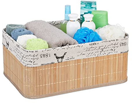 1x Panier, revêtement en tissu, bambou, rectangulaire, corbeille, panier salle de bain 16,5x38x28,5 cm, nature