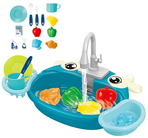 Pretend Play Kitchen Sink Toys Electric Dishwasher with Water Faucet and Kitchen Accessories Wash Up Kitchen Toys Automatic Water Cycle System Play House Role Play Toys for Boys Girls