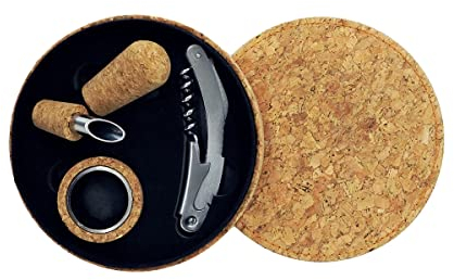 Fackelmann 49814 Coffret pour bouteille de vin contenant 3 pièces, tire bouchon, bouchon à vin, collier anti-gouttes, coffret vin rouge, coffret cadeau, idée cadeau, Liège, Inox, Diam 14,8 cm