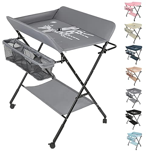 Mueble Cambiador Bebe Plegable y Portátil, Cambiador con 4 Ruedas, Patrón de Jirafa, Ajuste de Altura, 80 * 66 * 92-98cm (A-gris)
