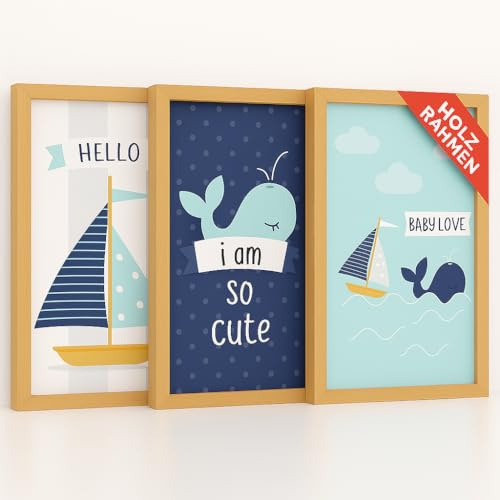 KINDERBILDER MIT HOLZRAHMEN | AUFHÄNGFERTIG | Bilder Kinderzimmer Deko Junge Babyzimmer Deko Mädchen Jungen Baby Zimmer Dekoration Kleinkinderzimmer Poster 3er Set Wandbilder A4 30x21 - KB04