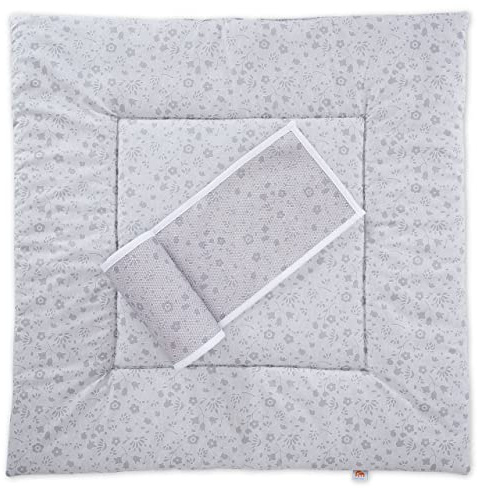 FabiMax Laufgittereinlage und Umrandung aus Netzstoff für Laufgitter 100x100 cm, graue Blümchen