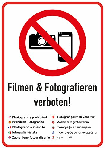 Daged Filmen und Fotografieren verboten internationale Sprache Aufkleber 22x15 cm Bildaufnahmen Kameras Hinweiszeichen Sicherheitszeichen Sticker T-058