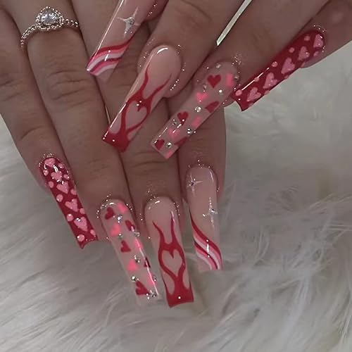 Ezebesta 24 Stück Sarg lange Press on Nails Niedliches rotes Herz und Feuer Diamant Französische Ballerina Falsche Nägel mit Klebelaschen für den Valentinstag