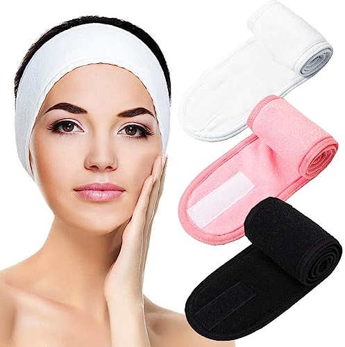 scicent Kosmetik Haarband Spa Kosmetik Stirnband Frottee Haarband für Make Up Damen Sport Yoga Behandlungen Verstellbare Haarschutzband mit Klettverschluss (Schwarz,Weiß, Pink), 1314