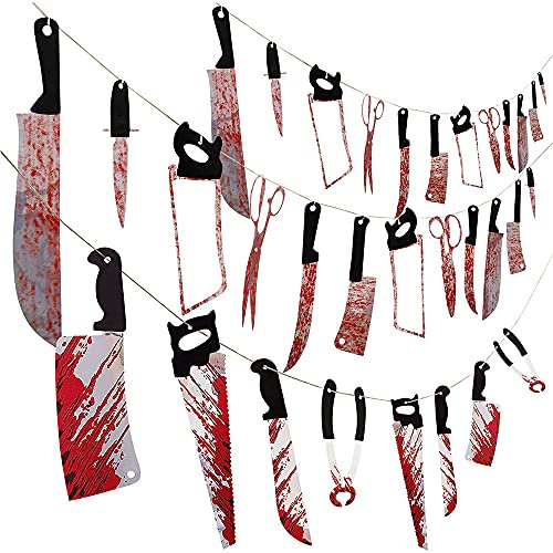 Dstymkler Halloween Ghost House horror Decoration Blood knife scie bannière Halloween Happy pendentif Ghost Party decor - 3 pièces