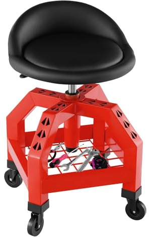 COSTWAY Rolling Mechanic Stool, Height Adjustable Pneumatic Roller Creeper Seat with Tool Tray & 4 Universal Casters, 150kg Capacity Swivel Padded Chair for Garage Workshop Factory (Red)