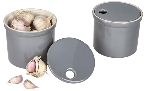 MamboCat 2er Set Oskar Vorratsdose S in Grau I Ø 13,2cm I Knoblauchtopf mit Deckel aus weißem Ton für Ihre Küche I stilvolle zylindrische Aufbewahrungsbox für Gemüse I zur langen Lagerung