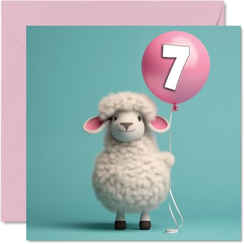 Geburtstagskarte zum 7. Geburtstag für Mädchen und Jungen – Schaf-Ballon – Happy Birthday Karte zum 7. Geburtstag für Mädchen und Jungen, 7. Geburtstag für Sie und Ihn, 145 mm x 145 mm, Grußkarten für