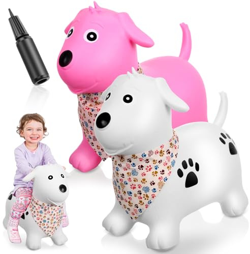 VercanMonth 2 Pack Bouncy Animal Dog Hopper Inflatable Bouncing Horse Hopper Toys Jumping Ride on Hopping Bounce with Pump Rubber Bouncing Animal Gift for Boys Girls(White, Pink,Classic Style)