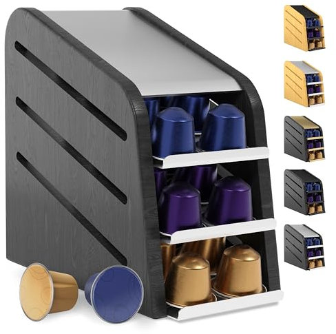 Ibyx Dispenser per cialde da caffè in legno per bancone della cucina, 3 livelli con 30 cialde Nespresso, corpo in bambù naturale con fogli in acciaio inossidabile, organizer per caffè