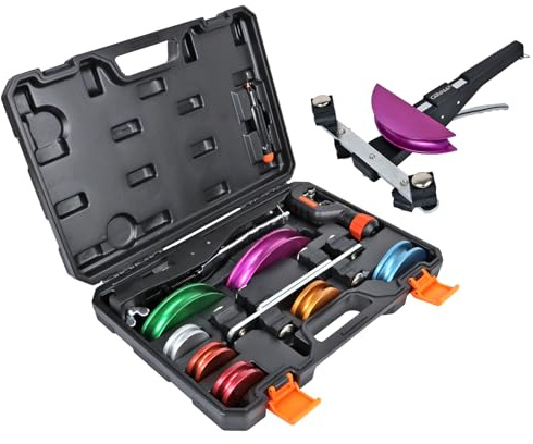 CARVALAX 90° Ratcheting Pipe Tube Bender Set: 1/4 to 7/8 O.D. with 7-Color Aluminum Heads – LITE MODEL (No Reverse) with Tube Cutter & Deburring for HVAC, Air Conditioning and Hydraulic Applications