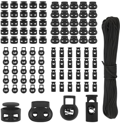 Samulee 100 Stück Kordelklemme Kordelstopper Schwarz 3.5mm/4.5mm/5mm/6mm, 4-Stile Schnurstopper für Jacke, Sportkleidung, Rucksack, Gummikordel Stopper 100PCS Kleine Schwarze Federschnalle+Seil Set