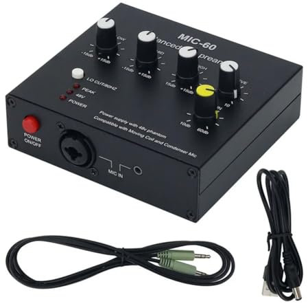 Lckiioy MIC-60 3-Band Equalizer Balanced Mic Preamp Mikrofon Vorverstärker mit DC-Kabel und 3,5-mm-Kabel