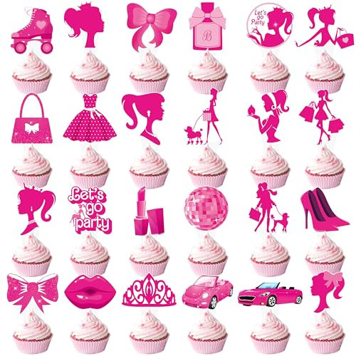 C L cooper life Princess Cupcake Toppers, 48pcs Hot Pink for Girls Birthday, Baby Shower, Bridal Party Decorations, Wedding Cake Decors
