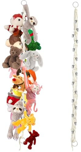 Mezrkuwr Hängender Stofftierhalter mit 20 Metallklammern, Boho Stofftier Organizer Kette, kinderzimmer deko, zum Aufhängen von Hüten, Socken, Weihnachtskarten