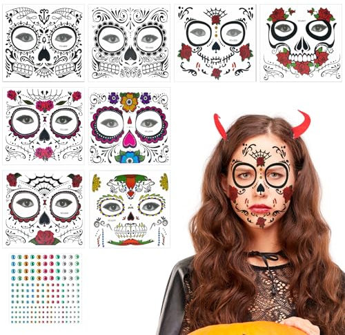 9 Pezzi Tatuaggio Viso Bocca Cranio Nero Scheletro Tatuaggio Viso Trucco Adesivo Halloween Trucco Trucco Halloween Donna Viso Adesivo Tatuaggio Velo per Halloween con Tatuaggi Facciali