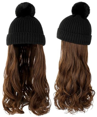 HiyyFloy Perückenkappe, Beanie-mütze Langen, Gewellten, Lockigen Haarverlängerungen, Strickmütze, Befestigte Synthetische Perücke, Abnehmbares Haarteil Für Winterfrauen Und Mädchen