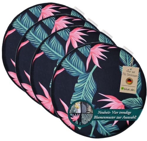 SILUK gemütliches Sitzkissen Stuhlkissen aus Filz Ø 36cm - Komfortable Waschbare - 4er Set Grau I Schwarz für Bank Stuhl (Blume - Rosa)