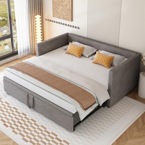 DRIXNO Schlafsofa Bett 90/180x200 Ausziehbares Bed Betten mit Lattenrosten Polsterbett Dunkelgrau Multifunktionsbett Hautfreundlichem Samtstoff