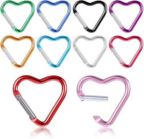10PCS Cute Heart Carabiner Metal Heart Shaped Backpack Clips Key Ring Climbing Buckle Heart Keychain Clip for Dog Leash Water Bottle Holder Spring Snap Clips Keys(10 Colors)