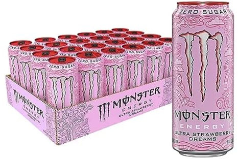 Monster Energy Ultra Strawberry Dreams, Bevanda Energetica Senza Zuccheri al Gusto Fragola, con Miscela Energetica e 160 mg di Caffeina, 24 Lattine da 500 ml