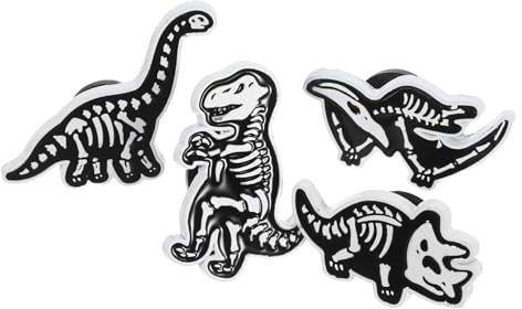 4 Dinosaurier Skelett Broschen aus Metall für Mantel Tasche Büro | 2,7x1,6x1cm, Zinklegierung, Glatte Oberfläche, Snagfreie Anstecker für Museumsbesuche, Sammler und Freunde