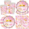 Bikasun Juego de vajilla de fiesta castillo de princesa rosa , cumpleaños infantil, plato de papel, Tazas, servilletas para 16 invitados, para temática de princesa castillo, baby shower, boda