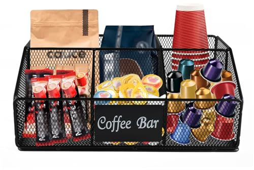 Xbopetda 5 Compartment Coffee Bar Organiser, Metal Pods Holder, Countertop Coffee Station, Condiments Storage, Black