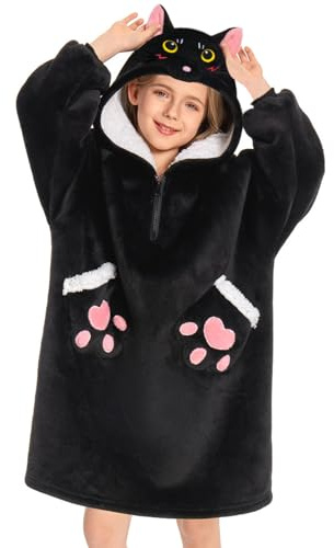 OLAOLA Schwarze Katze Decken-Hoodie Kinder, Weiche Kuscheldecke Unisex | 3D Schwarze Katze Motiv für Kinder. Extra warme Kuscheldecke zum Anziehen, ein tolles Geschenk für Kinder.