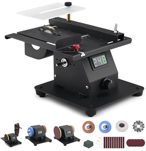 4-IN-1 Mini Tischkreissäge mit Siebenstufig Einstellbare Geschwindigkeit, Bandschleifer mit 10 Schleifbänder, Doppelschleifmaschine mit Polierwachs, Multifunktionsmaschine mit LED-Voltanzeige