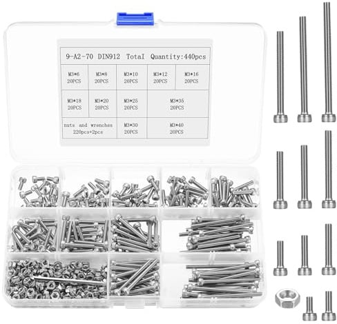Set di 440 viti M3, viti cilindriche e dadi, in acciaio inox con esagono incassato, set di viti filettate, assortimento di viti per macchina, con 2 chiavi inglesi