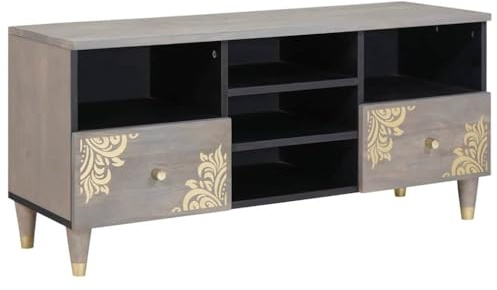 vidaXL TV Cabinet with Drawer Grey 100 x 33 x 46 cm Solid Mango Wood, Elegant Living Room Storage, Rectangular Modern Tv Stand, Wall-Mounted Media Cabinet, Compact Functional Unit