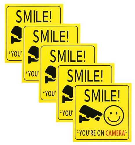 Hopzab 5 Pcs Smile You're On Camera Stickers, 10x10cm Self-Adhesive Vinyl Security Warning Signs for Home, Office, Shop, Weatherproof Outdoor Use