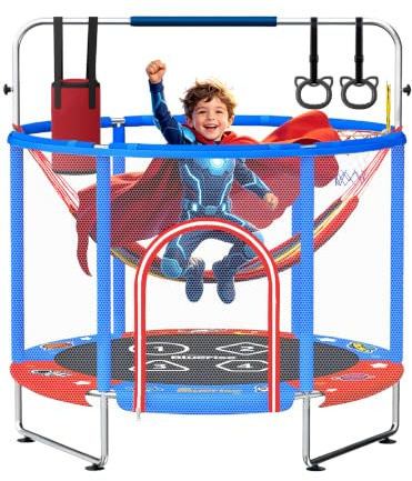 BLUERISE Trampolin für Kinder, Geschenke für Jungen und Mädchen, 140 cm | Verstellbare Gymnastikstange & Sicherheitsnetz, kein Lücken-Design, Anti-Rollover-Unterseite, Basketballkorb, Indoor/Outdoor